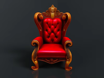 Luxurious Red Leather Single Chair With Carved Wooden Armrests And Ornate Backrest 3d model