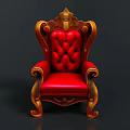Luxurious Red Leather Single Chair With Carved Wooden Armrests And Ornate Backrest
