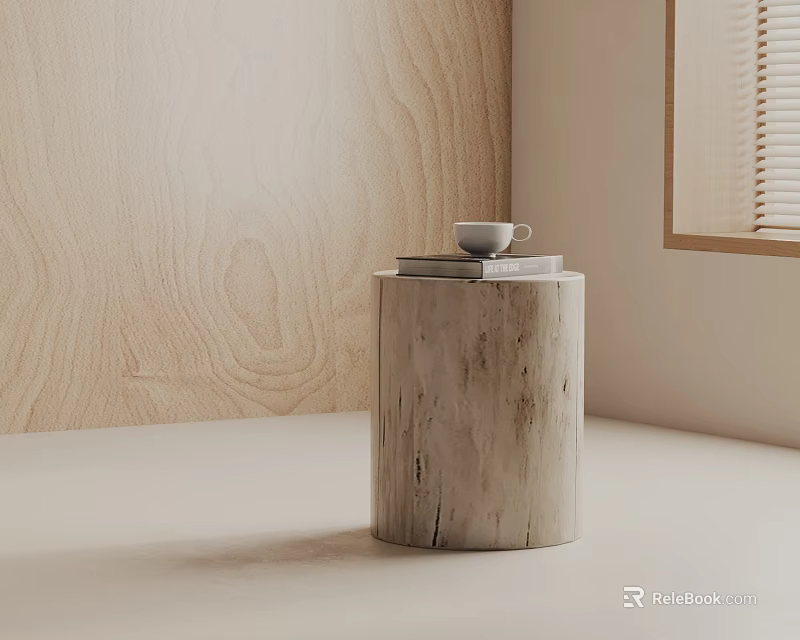 Natural Wood Cylindrical Side Table With Books And Cup In Minimalist Interior 3d model 