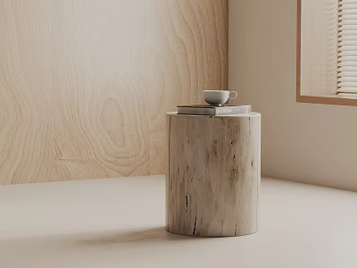 Natural Wood Cylindrical Side Table With Books And Cup In Minimalist Interior 3d model