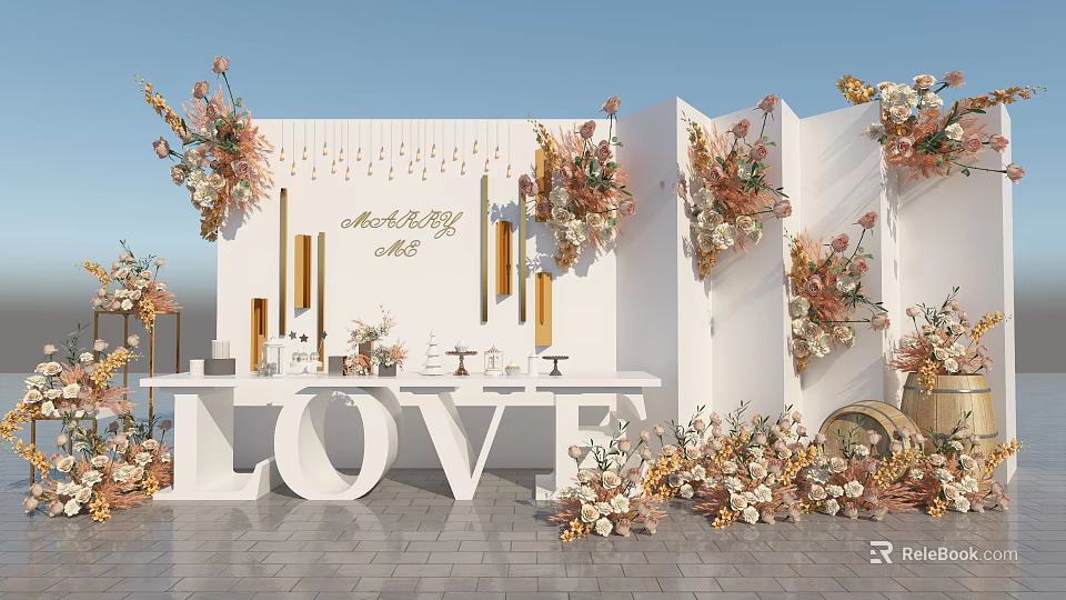 Elegant Romantic Wedding Setup With White Decorative Wall Gold Accents Floral Arrangements And LOVE Letters 3d model 