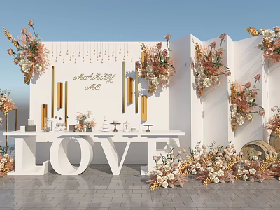 Elegant Romantic Wedding Setup With White Decorative Wall Gold Accents Floral Arrangements And LOVE Letters 3d model