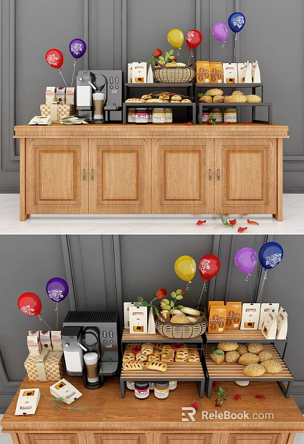 Wooden Display Cabinet Shelf With Bottles Snacks And Packaged Products For Retail 3d model 