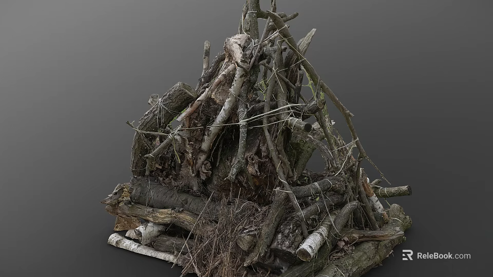 Natural Wood Pile With Stacked Branches Bark Covered Logs And Twigs 3d model 