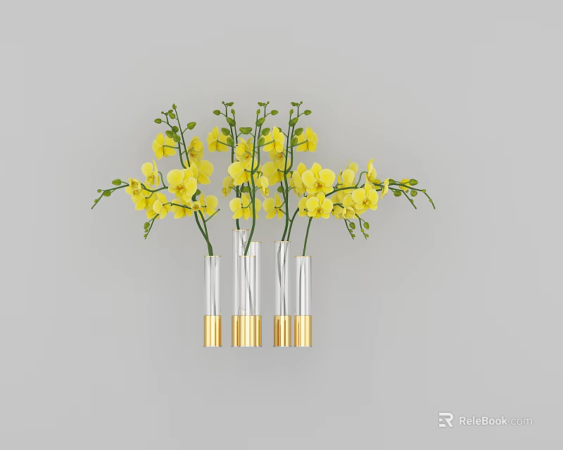 Elegant Yellow Orchids In Transparent Glass Vases With Gold Bases For Decor 3d model 
