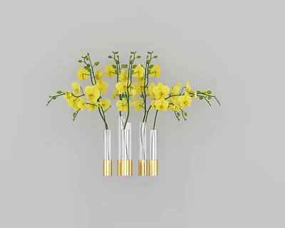 Elegant Yellow Orchids In Transparent Glass Vases With Gold Bases For Decor 3d model