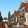 Charming Commercial Street With Red Brick Buildings Clock Tower Storefronts Awnings Greenery And Pedestrians
