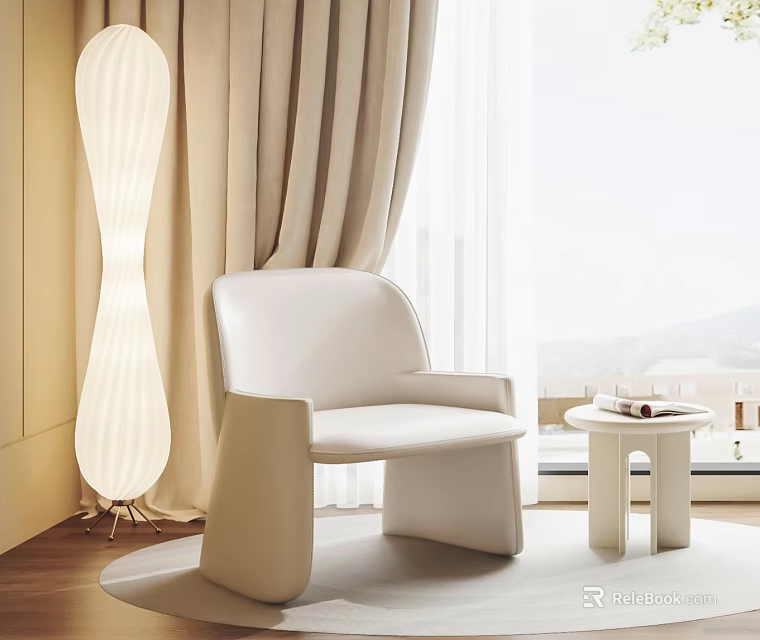 Modern White Comfortable Lounge Chair with Small Round Table and Floor Lamp Near Curtains 3d model 