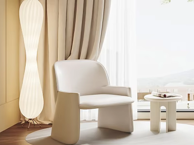 Modern White Comfortable Lounge Chair with Small Round Table and Floor Lamp Near Curtains 3d model