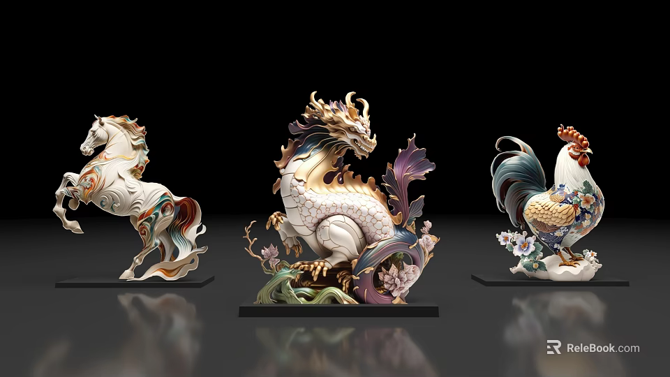 Exquisite Decorative Animal Statues Featuring Horse Dragon And Rooster Sculptures 3d model 