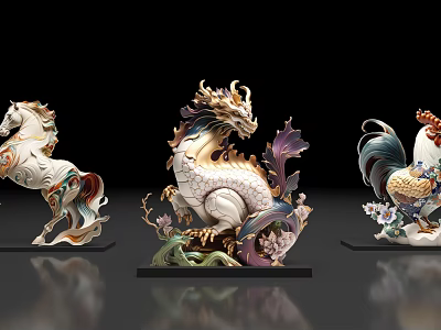 Exquisite Decorative Animal Statues Featuring Horse Dragon And Rooster Sculptures 3d model