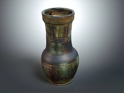 Antique Ceramic Vase With Textured Surface And Green Brown Stripes 3d model