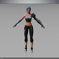 Blue Haired Female Character With Mechanical Arm Blue Top Black Pants And Sneakers