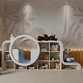 Colorful Kids Room Decorative Cabinet With Toys Books Blue Seat And Palm Tree Wall