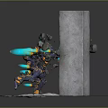 Game Movie Mechanical Character With Blue Glowing Parts Destroying Stone Pillar And Debris