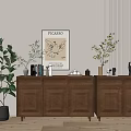Elegant Wooden Entryway Cabinet And Side Cabinet With Decorative Artwork Plants And Ornaments
