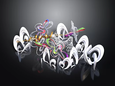 Abstract 3D Artwork With White Curved Structures Colorful Lines And Geometric Patterns 3d model