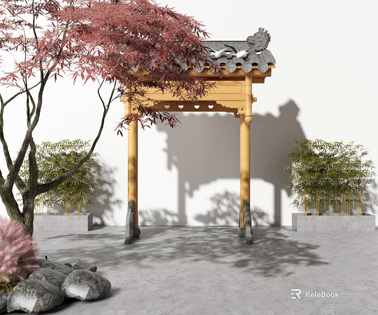Traditional Chinese Wooden Archway With Red Maple Tree Bamboo Plants And Stone 3d model 