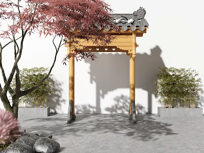 Traditional Chinese Wooden Archway With Red Maple Tree Bamboo Plants And Stone 3d model