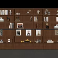 Wooden Display Cabinet With Multiple Shelves Books Decorative Items And Fruits