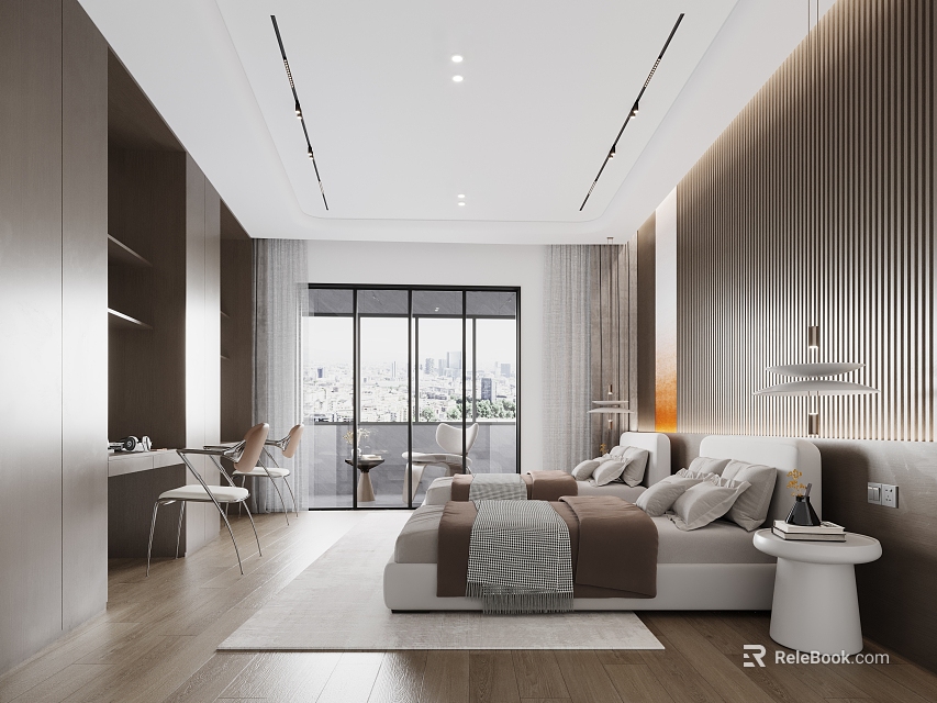 Modern Hotel Guest Room With Large Bed Floor to Ceiling Windows and City View 3d model 
