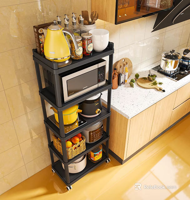 Black Multi Tier Kitchen Storage Rack With Microwave Kettle Jars And Bowls 3d model