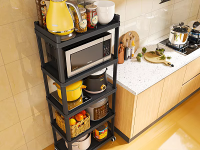 Black Multi Tier Kitchen Storage Rack With Microwave Kettle Jars And Bowls 3d model