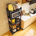 Black Multi Tier Kitchen Storage Rack With Microwave Kettle Jars And Bowls 3d model