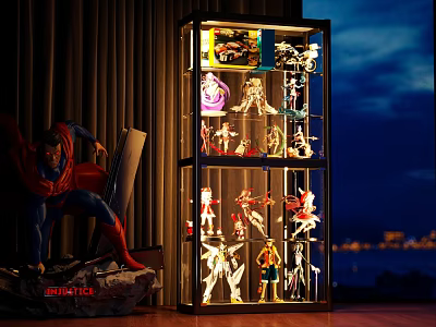 Illuminated Display Cabinet With Multiple Shelves Holding Collectible Models And Superman Statue 3d model