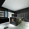Modern Retail Store Interior Design With White Counter Green Ceiling And Display Shelves