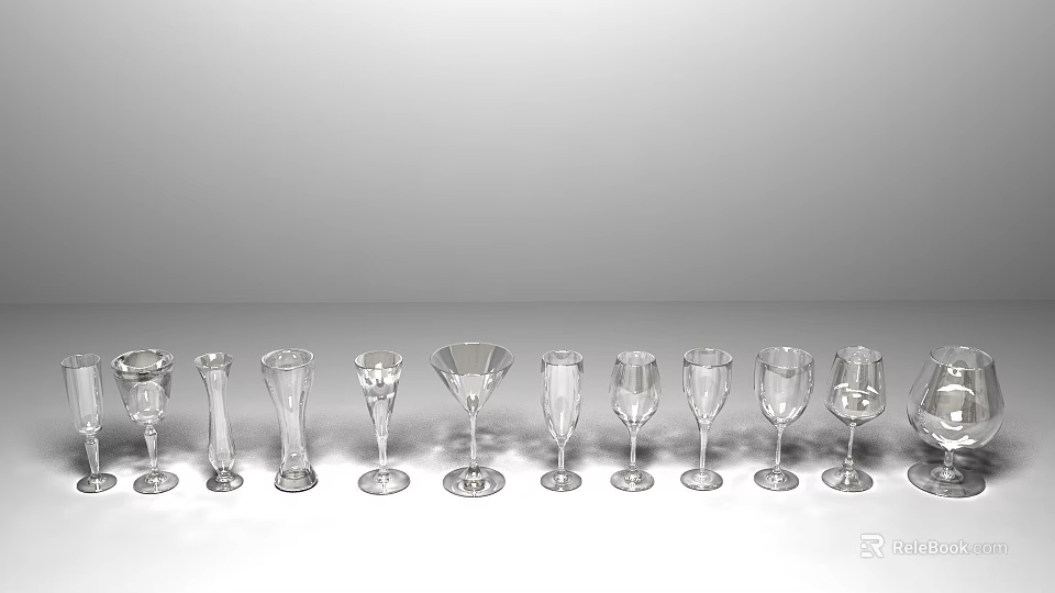 Elegant Wine Bottles and Crystal Glasses Collection Arranged on Modern Wooden Table for Home Bar 3d model 