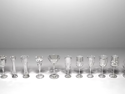 Elegant Wine Bottles and Crystal Glasses Collection Arranged on Modern Wooden Table for Home Bar 3d model