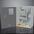 Electrical Distribution Box with Open Door Smart Meter Green Display Colored Wires and Yellow Terminals