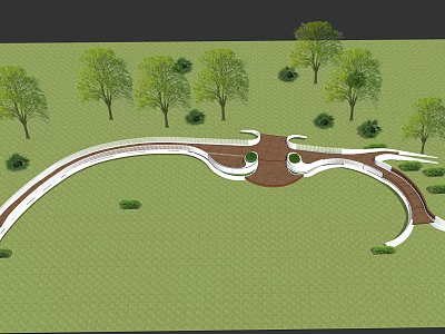 Scenic Landscape Bridge Design With Curved Paths Green Grass And Trees 3d model