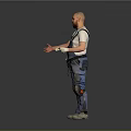 Man in Blue Overalls and White T-Shirt with Knee Pads holding Tools against Gray Background