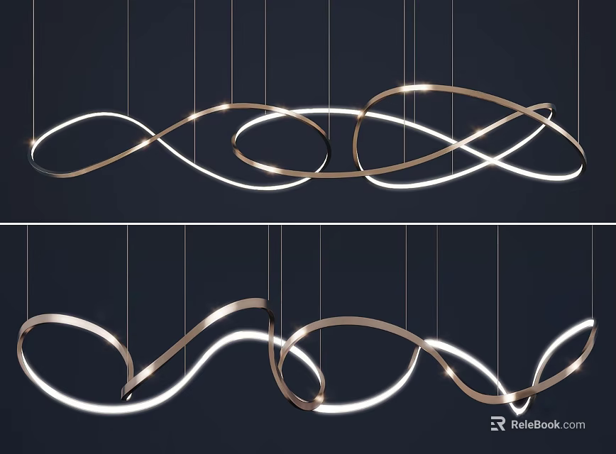 Contemporary Curved Metallic Chandelier Featuring Flowing Infinity Design And Illuminated LED Lights 3d model 