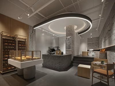 Modern Dessert Shop Interior With Pastries Display Cases Wooden Shelves Stone Counter And Cozy Seating 3d model