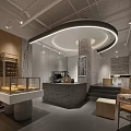 Modern Dessert Shop Interior With Pastries Display Cases Wooden Shelves Stone Counter And Cozy Seating