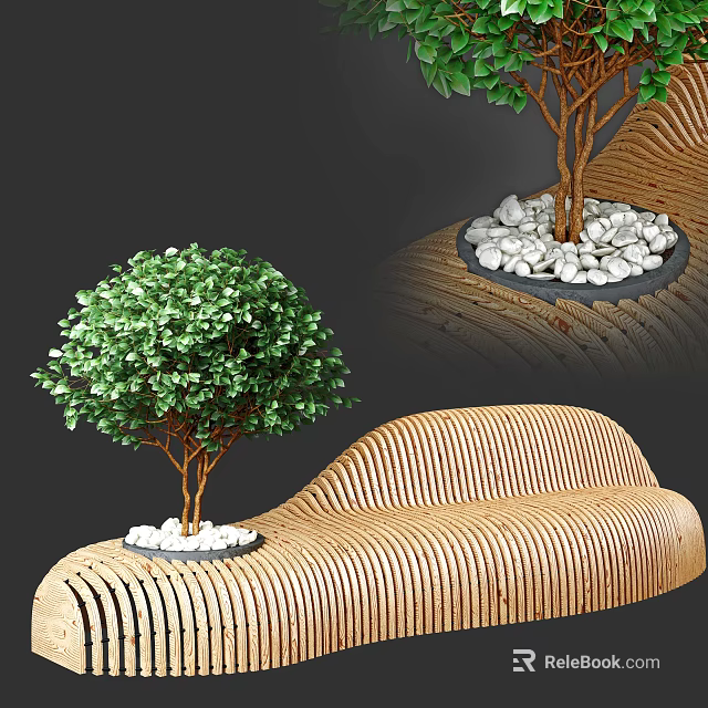 Outdoor Wicker Bench With Wooden Slats Green Plants And Pebbles Garden Decor 3d model 
