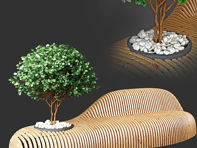 Outdoor Wicker Bench With Wooden Slats Green Plants And Pebbles Garden Decor 3d model