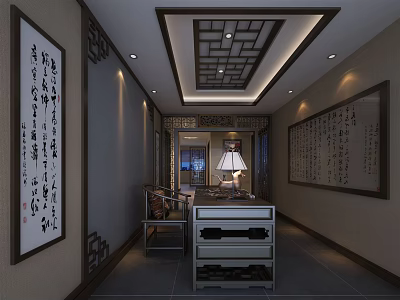 Chinese Style Office Interior With Corridor Calligraphy Paintings Ceiling Lamp And Furniture 3d model