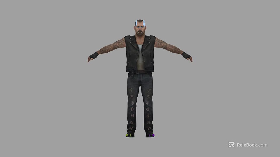 Standing Man with Outstretched Arms Black Vest Tattooed Arms and Denim Jeans 3d model 