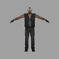 Standing Man with Outstretched Arms Black Vest Tattooed Arms and Denim Jeans