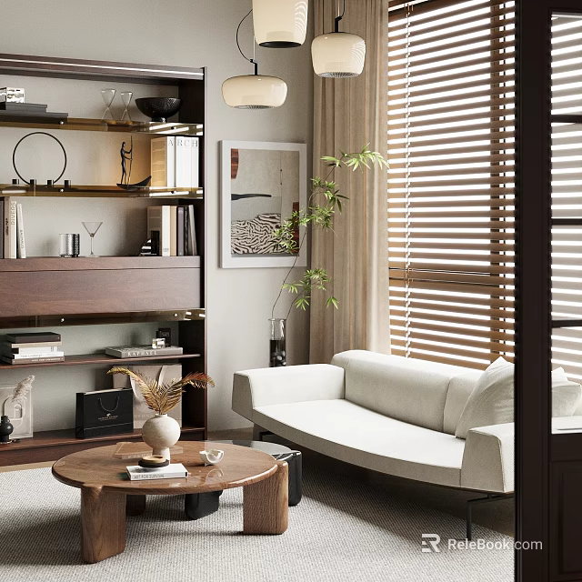 Modern Living Room Interior With White Curved Sofa Wooden Blinds Coffee Table And Decorative Items 3d model 