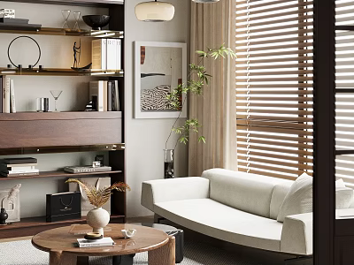 Modern Living Room Interior With White Curved Sofa Wooden Blinds Coffee Table And Decorative Items 3d model