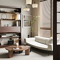 Modern Living Room Interior With White Curved Sofa Wooden Blinds Coffee Table And Decorative Items