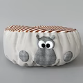 Cute Cartoon Animal Pattern Round Ottoman With Orange Striped Cushion And Gray Character Design