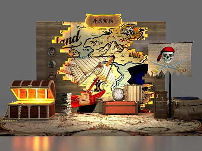 Pirate Themed Photo Spot with Treasure Map Open Chest Skull Flag and Globe Decorations 3d model