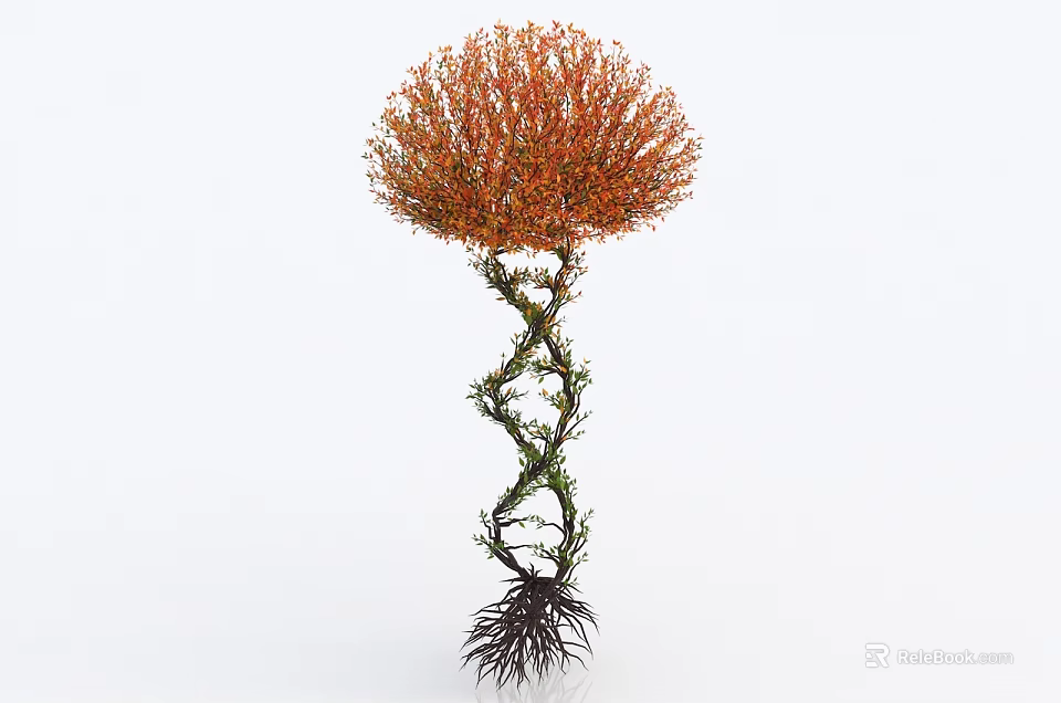 Unique Spiral Trunk Tree With Orange Red Foliage And Exposed Roots Design 3d model 