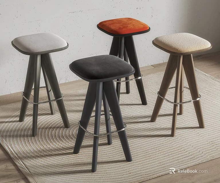 Modern Bar Stools With Upholstered Seats Different Colors Metal And Wooden Legs 3d model 